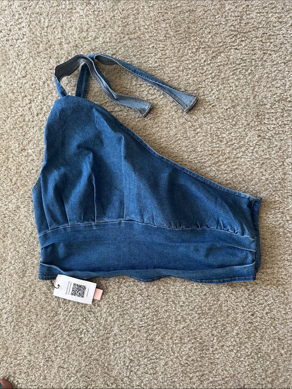 Denim One-Shoulder Crop Top - Blue